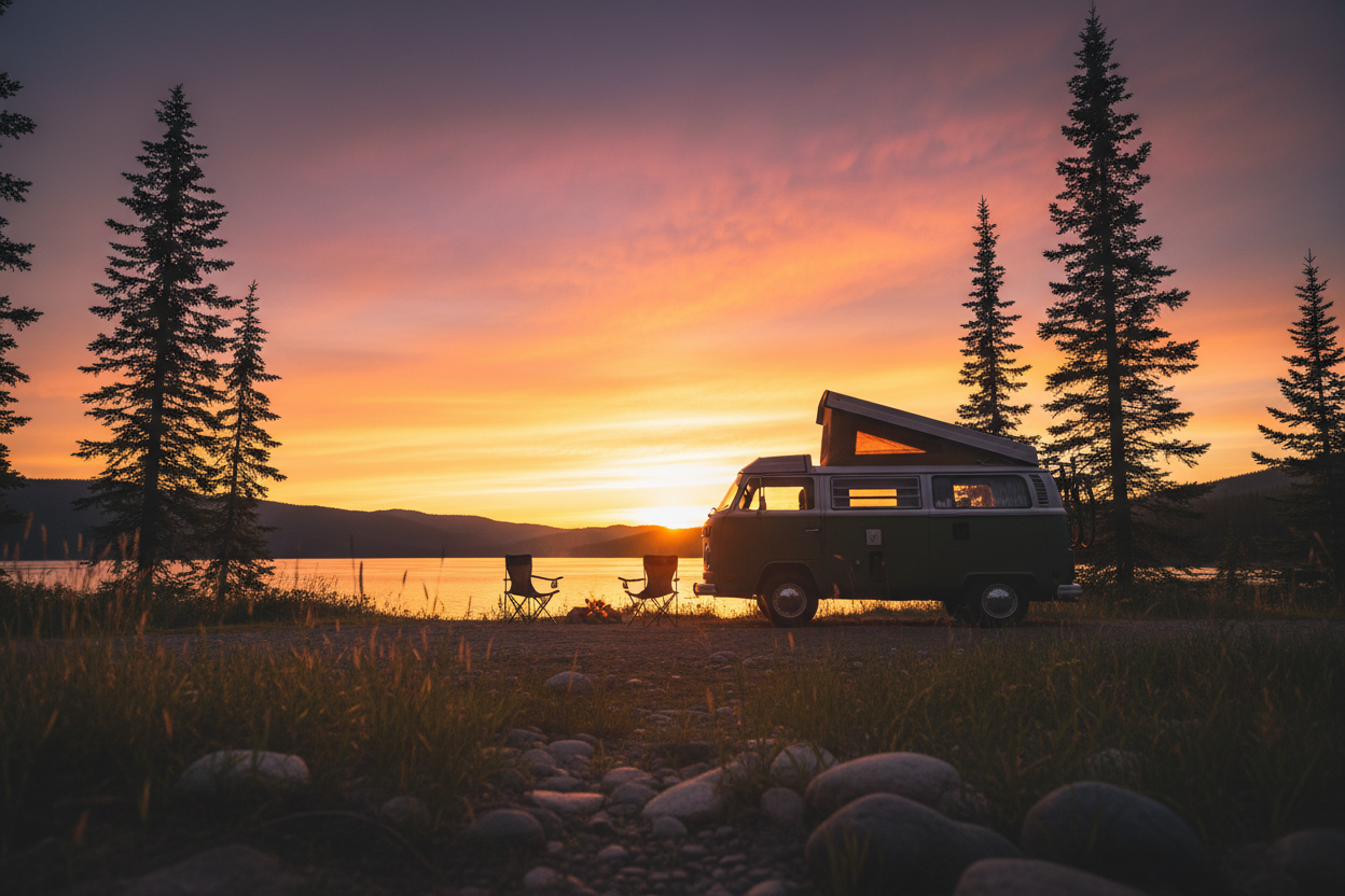 camper met zonsondergang
